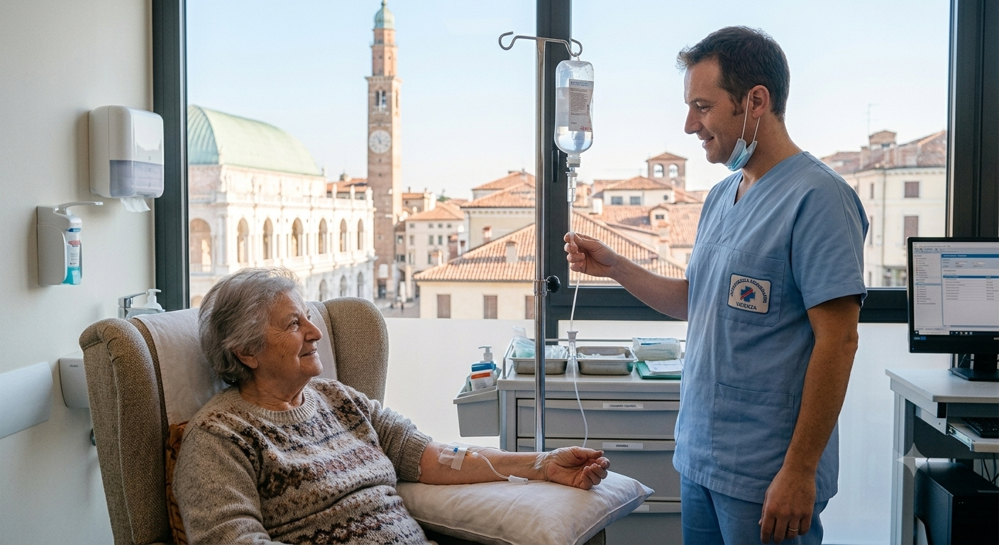 Infermiere in divisa controlla flebo e sorride a paziente anziana in stanza ospedaliera con vista su città.