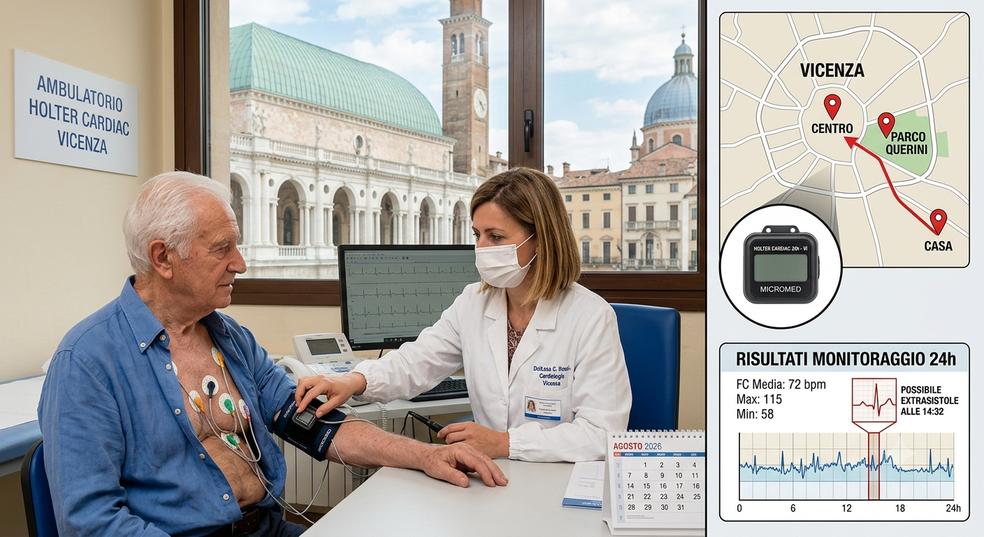 Medico in ambulatorio applica sensore Holter a paziente anziano, con monitor e mappa Vicenza sullo schermo.