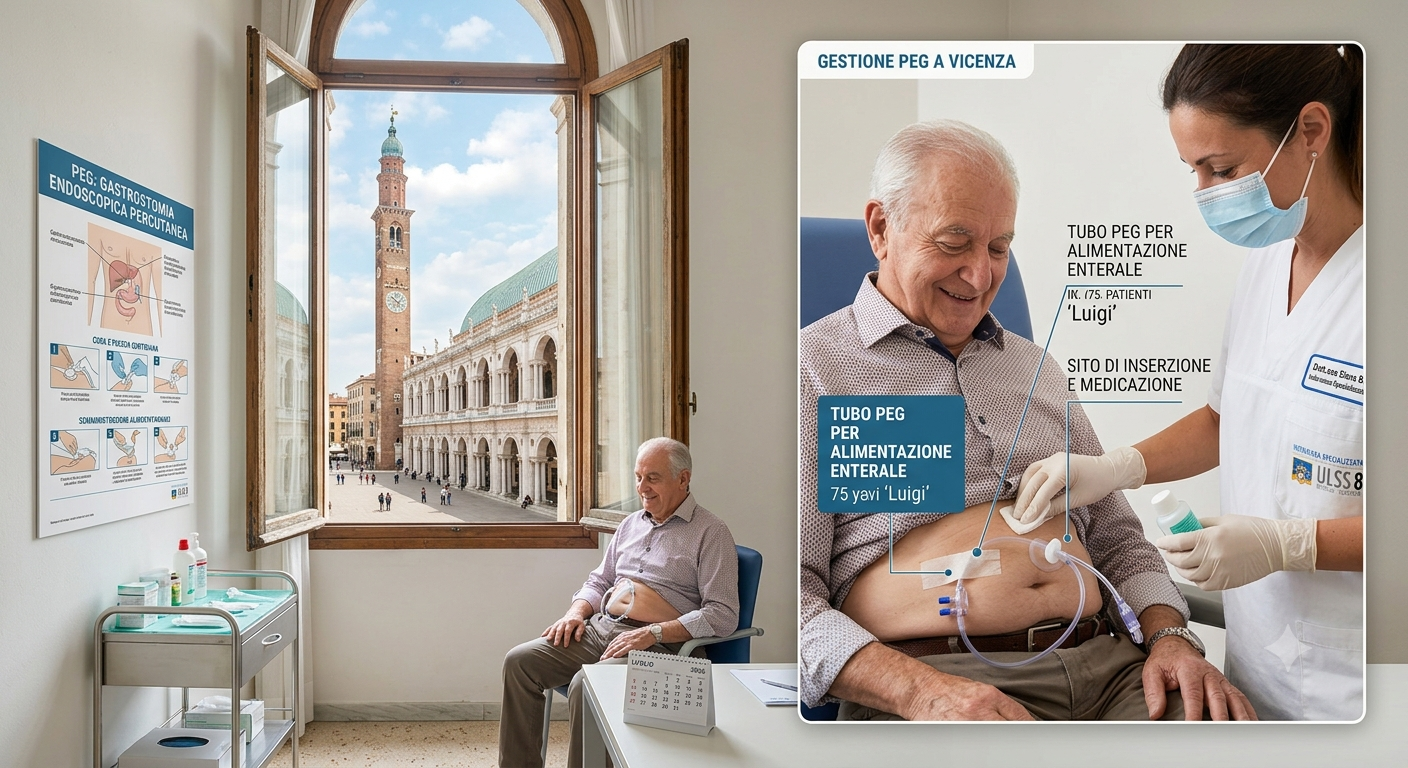 Infermiera che esegue la medicazione e nutrizione enterale alla PEG.
